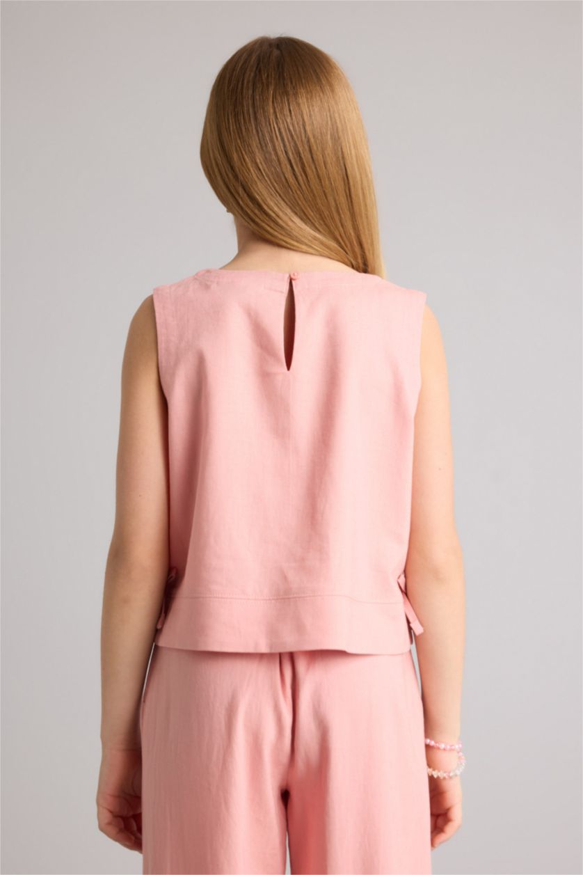 بناتي وردي فاتح بلوزة بناتي نص كم من مزيج الكتان قصة عادية