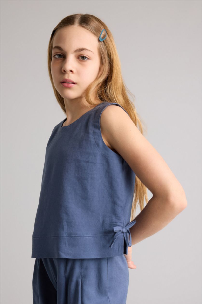 بناتي نيلي بلوزة بناتي نص كم من مزيج الكتان قصة عادية