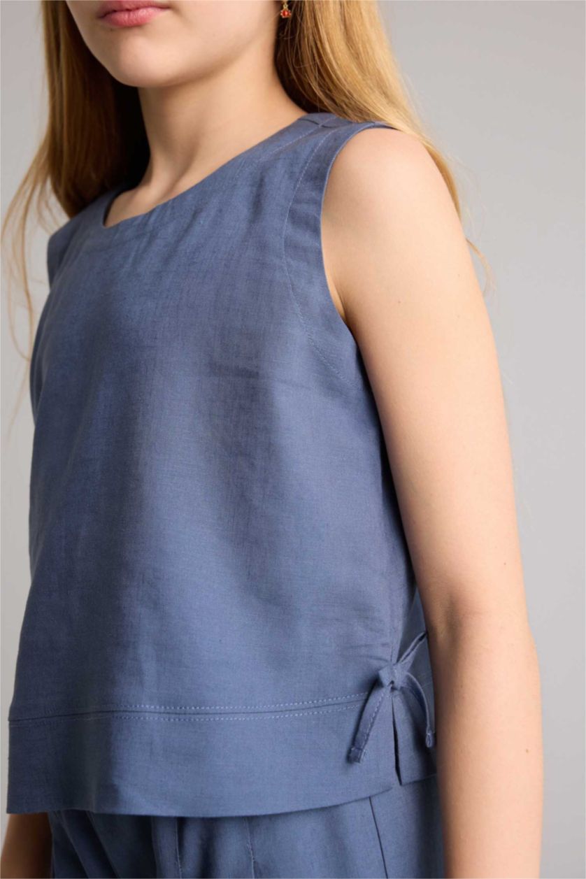 بناتي نيلي بلوزة بناتي نص كم من مزيج الكتان قصة عادية