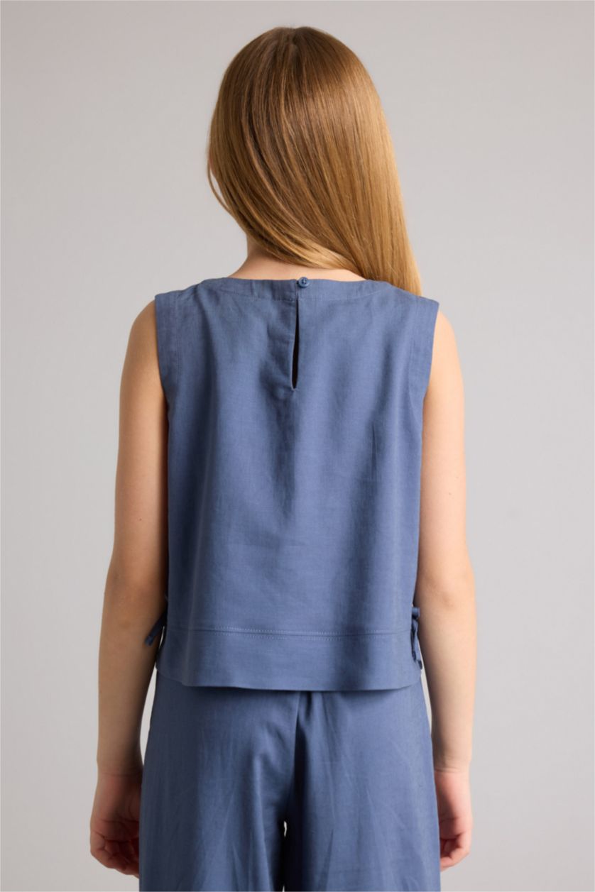 بناتي نيلي بلوزة بناتي نص كم من مزيج الكتان قصة عادية