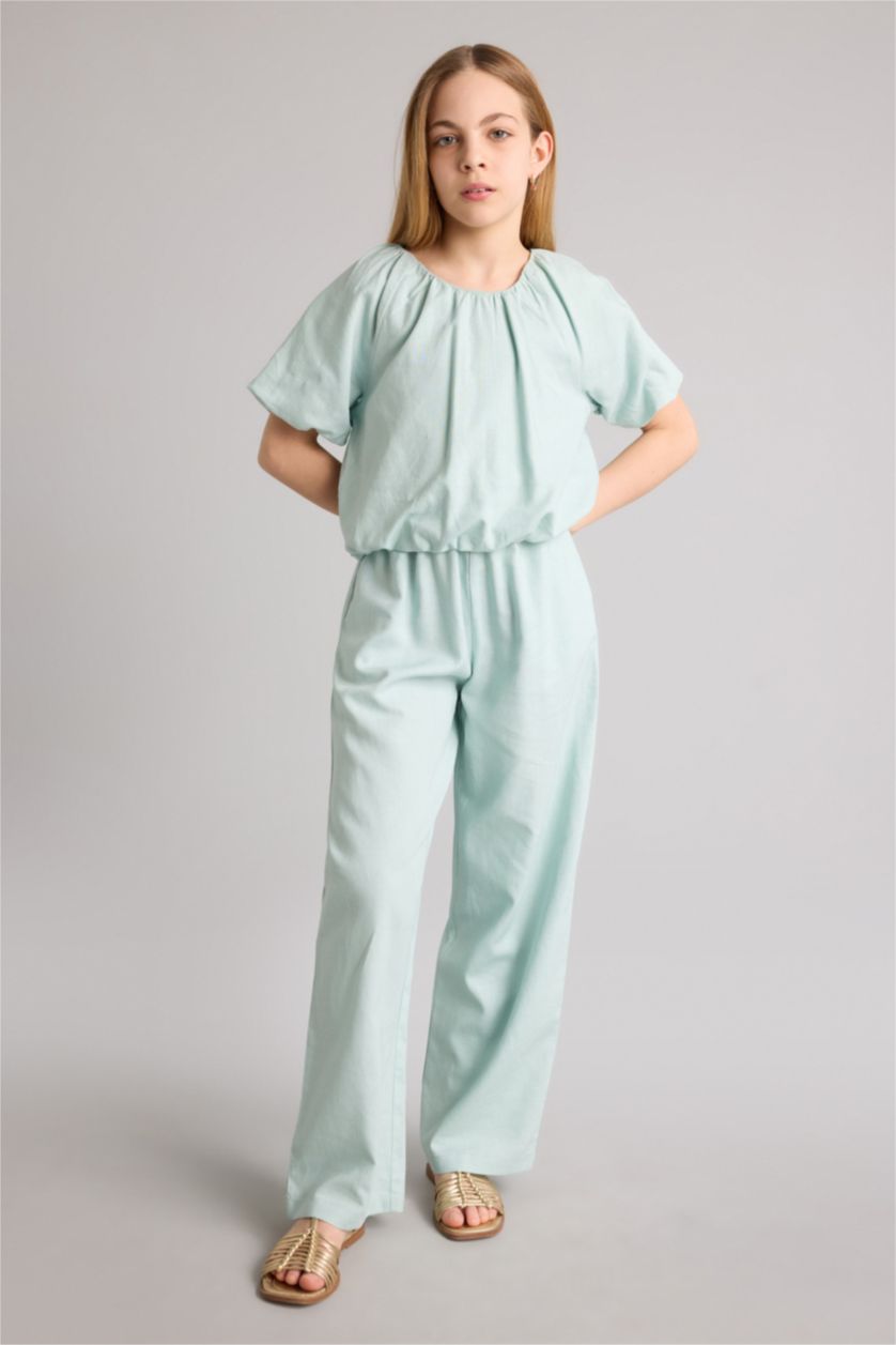 بناتي نعناع بنطلون بناتي وايد ليج من مزيج الكتان