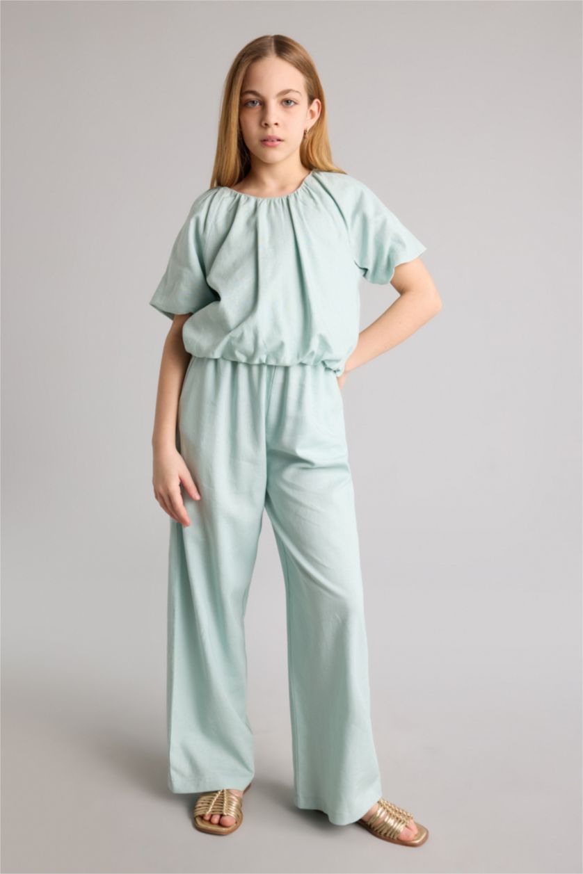 بناتي نعناع بنطلون بناتي وايد ليج من مزيج الكتان