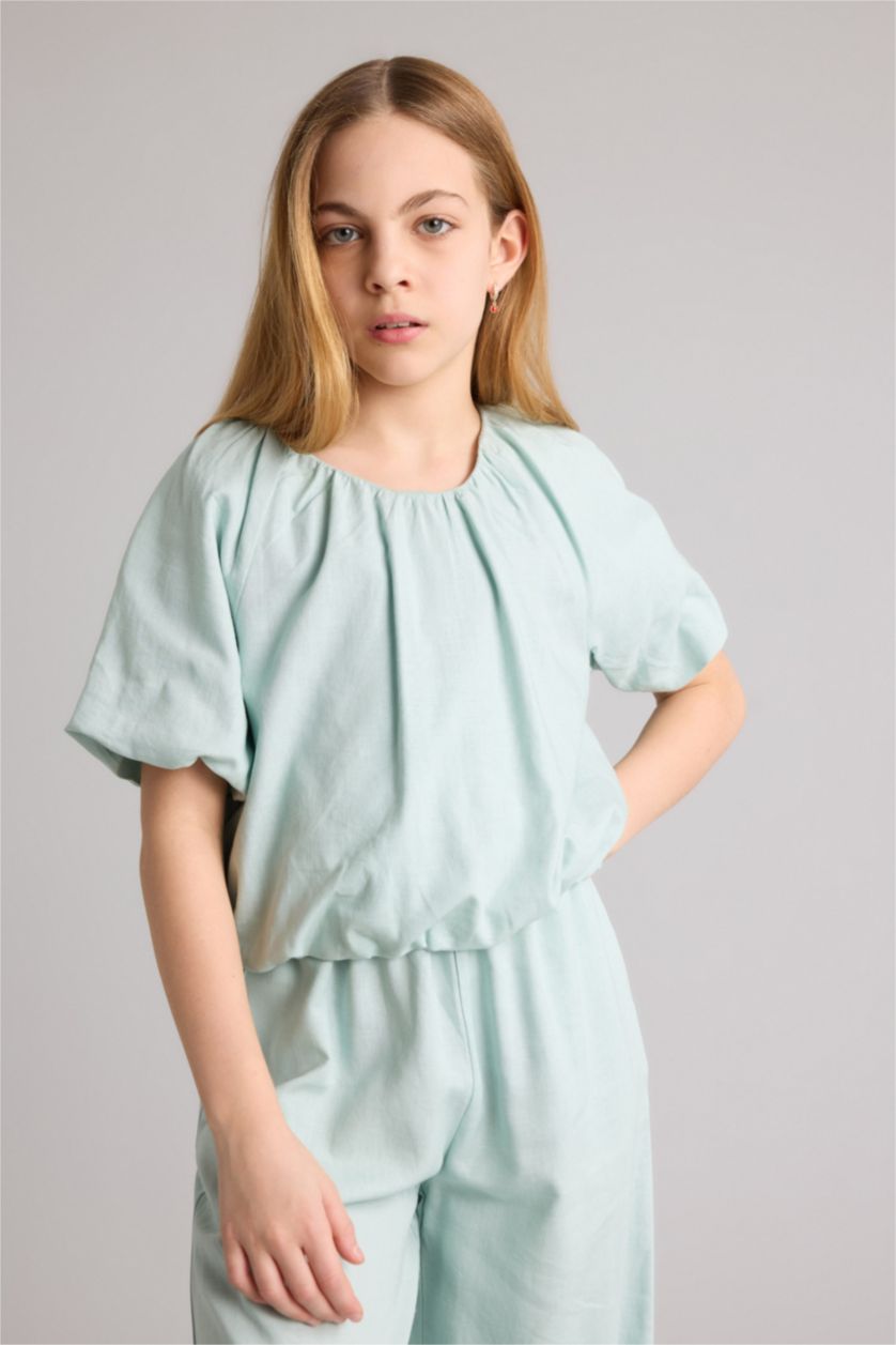 بناتي نعناع بلوزة بناتي نص كم من مزيج الكتان قصة عادية