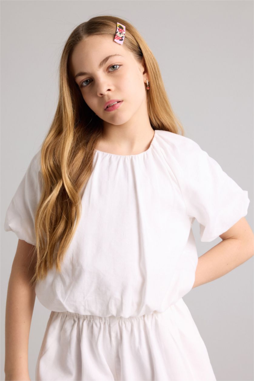 بناتي أبيض بلوزة نص كم من مزيج الكتان قصة عادية