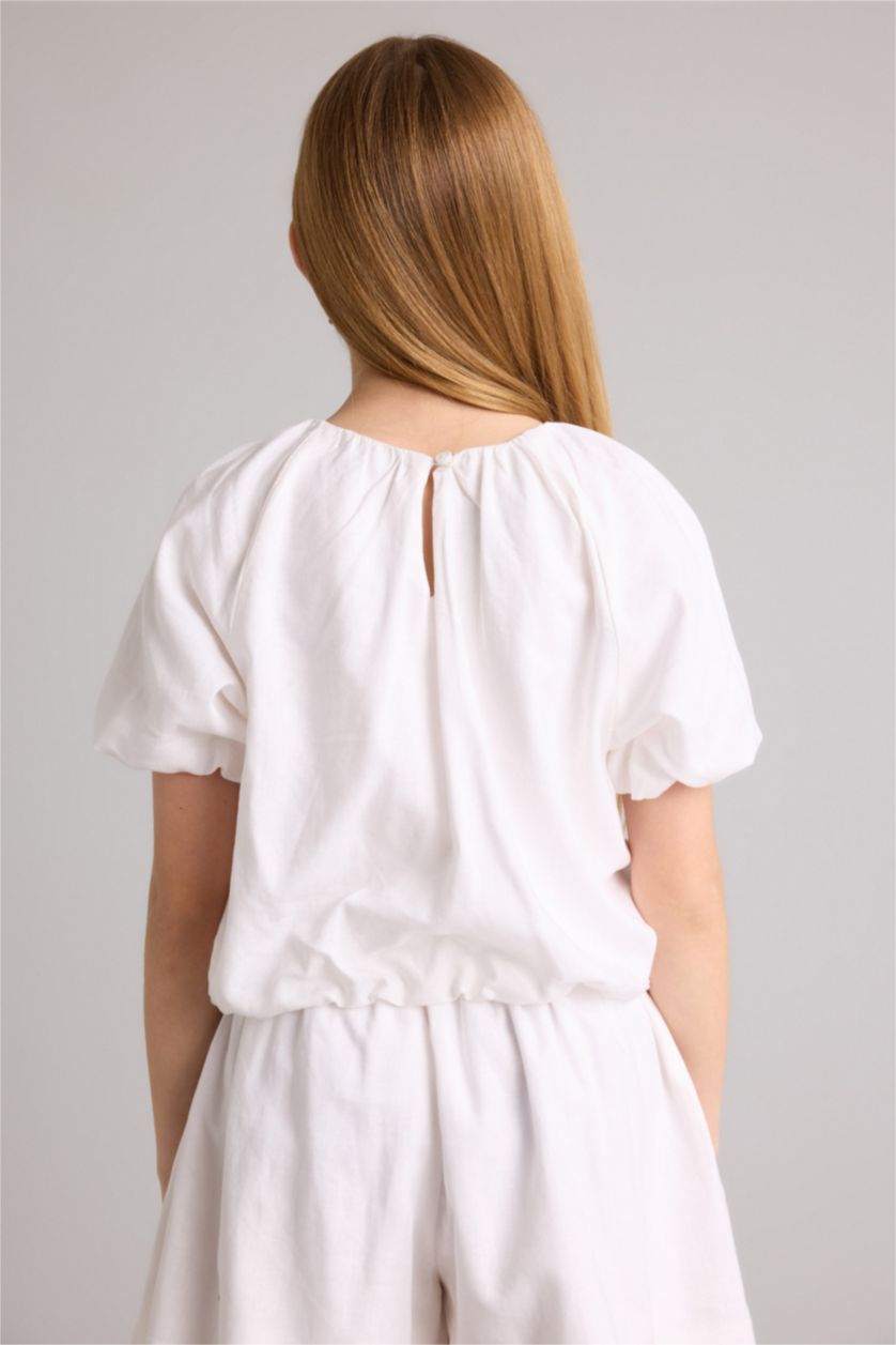 بناتي أبيض بلوزة نص كم من مزيج الكتان قصة عادية