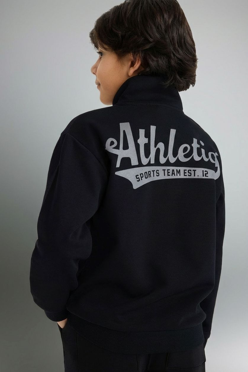 Erkek Çocuk - Genç Erkek Siyah Yarım Fermuarlı Dik Yaka Sırt Baskılı Sweatshirt Erkek Çocuk