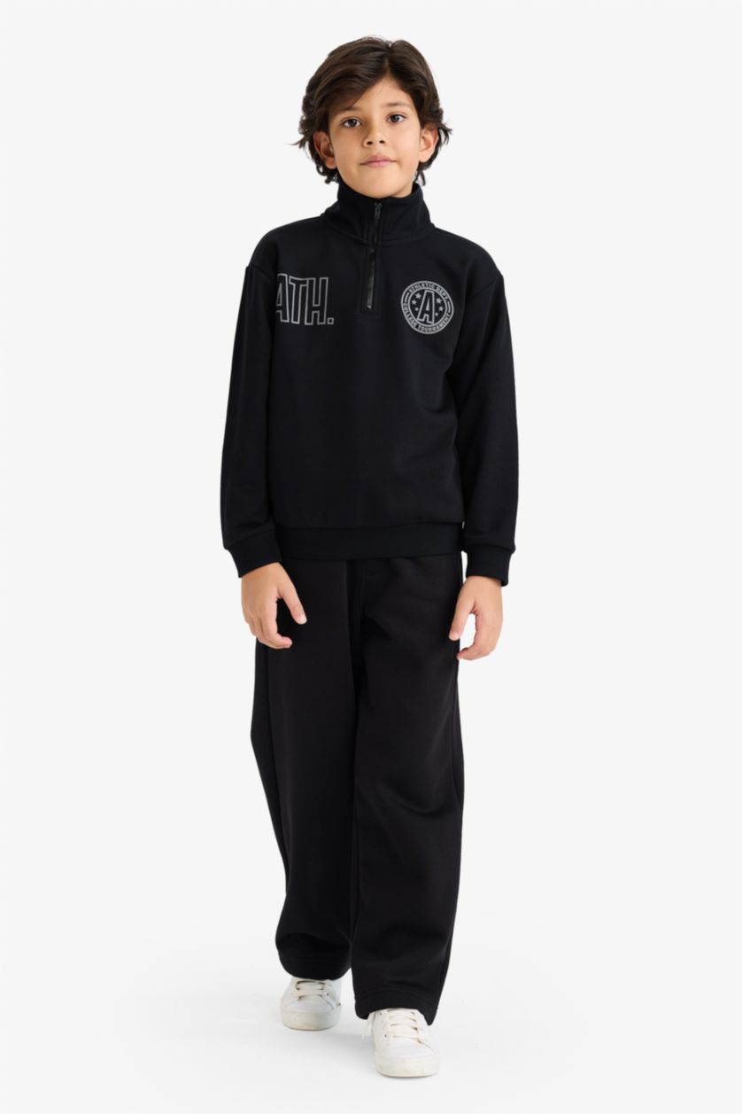 Erkek Çocuk - Genç Erkek Siyah Yarım Fermuarlı Dik Yaka Sırt Baskılı Sweatshirt Erkek Çocuk