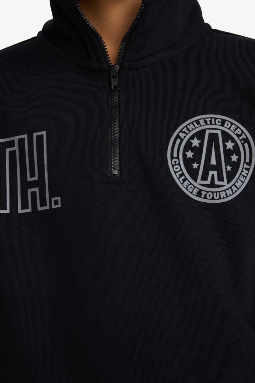 Erkek Çocuk - Genç Erkek Siyah Yarım Fermuarlı Dik Yaka Sırt Baskılı Sweatshirt Erkek Çocuk