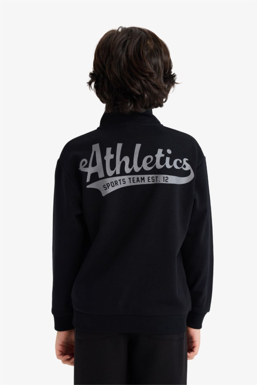 Erkek Çocuk - Genç Erkek Siyah Yarım Fermuarlı Dik Yaka Sırt Baskılı Sweatshirt Erkek Çocuk