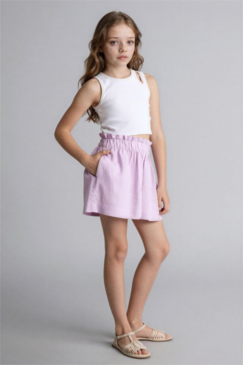 Девочки и подростки Светло-сиреневый Шорты Paperbag из смесового льна для девочек