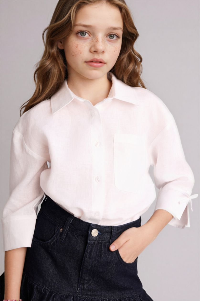 Девочки и подростки Белый Льняная рубашка Regular Fit с длинным рукавом для девочек
