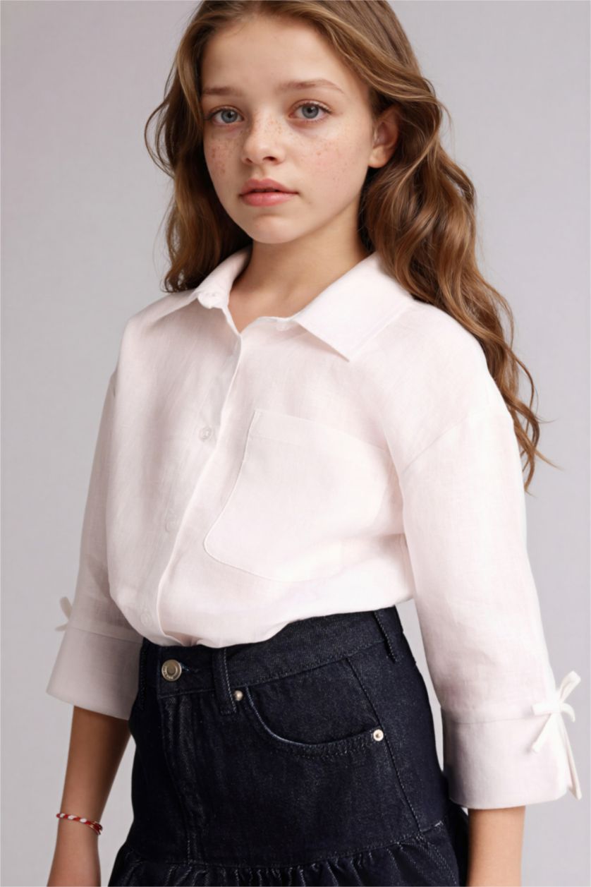Девочки и подростки Белый Льняная рубашка Regular Fit с длинным рукавом для девочек