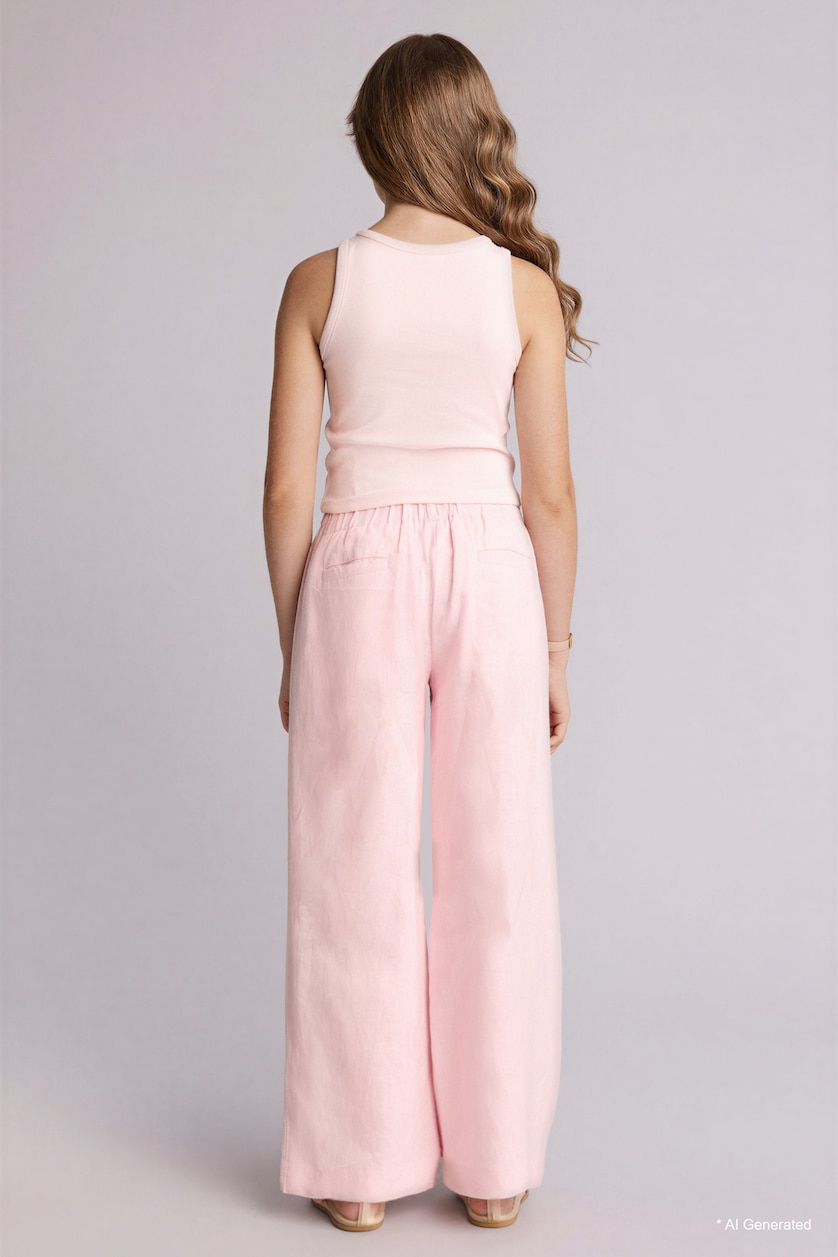 Young Girls - Teen Girls Pink Girl Wide Leg 100% Linen Trousers