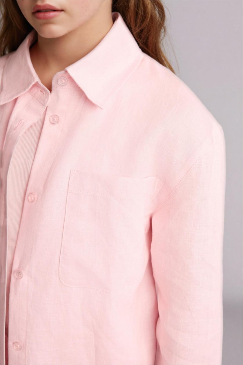 Девочки и подростки Розовый Льняная рубашка Regular Fit с длинным рукавом для девочек