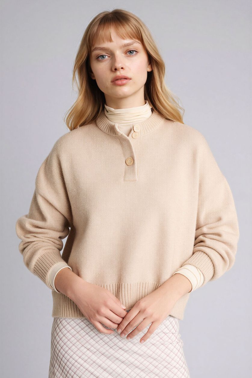 FEMME Beige Pull à col rond Coupe régulière
