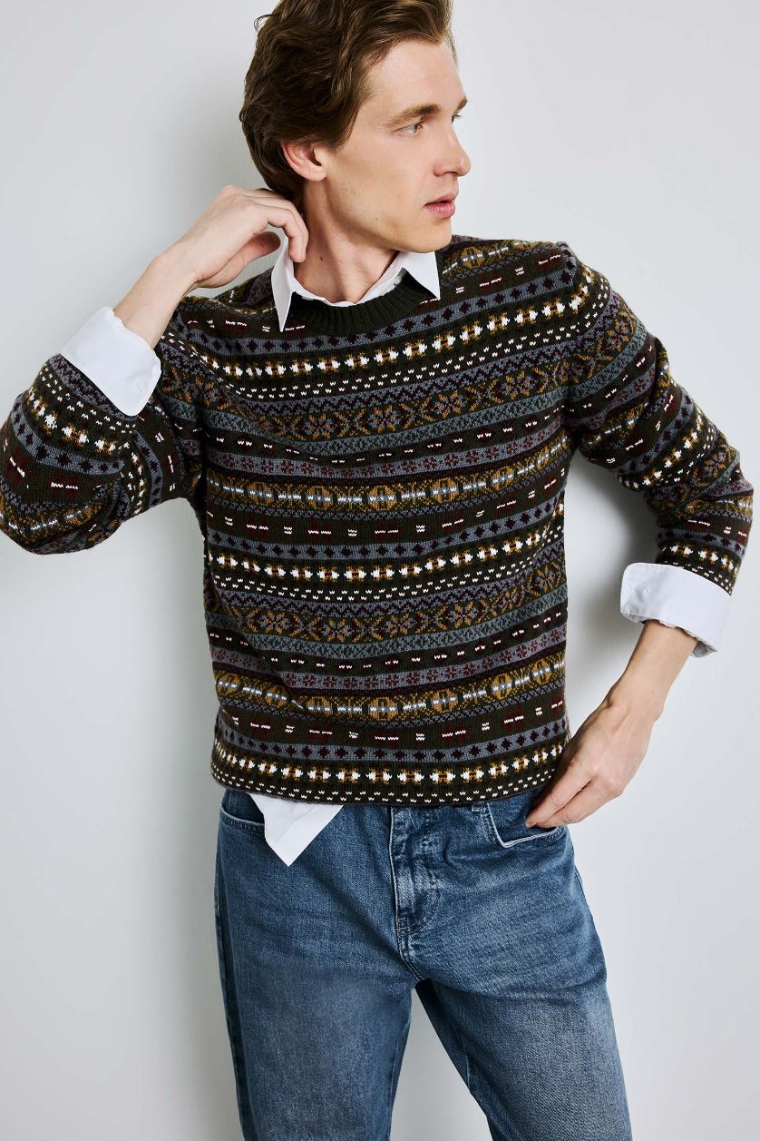 Erkek Haki Standart Fıt Triko Kazak