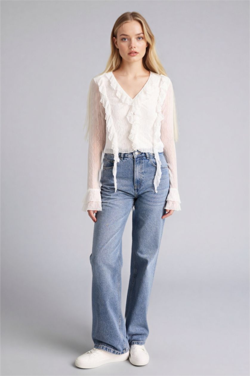 Женщины Кремовый Блузка с длинным рукавом приталенного кроя с кружевом для женщин