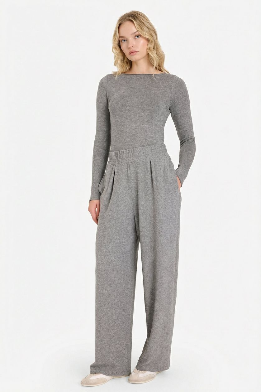 Kadın Gri Melanj Wide Leg Yumuşak Tuşeli Pantolon