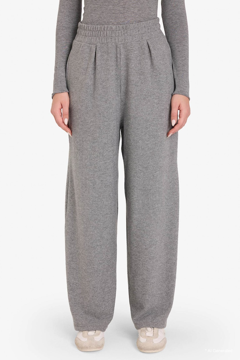 Kadın Gri Melanj Wide Leg Yumuşak Tuşeli Pantolon