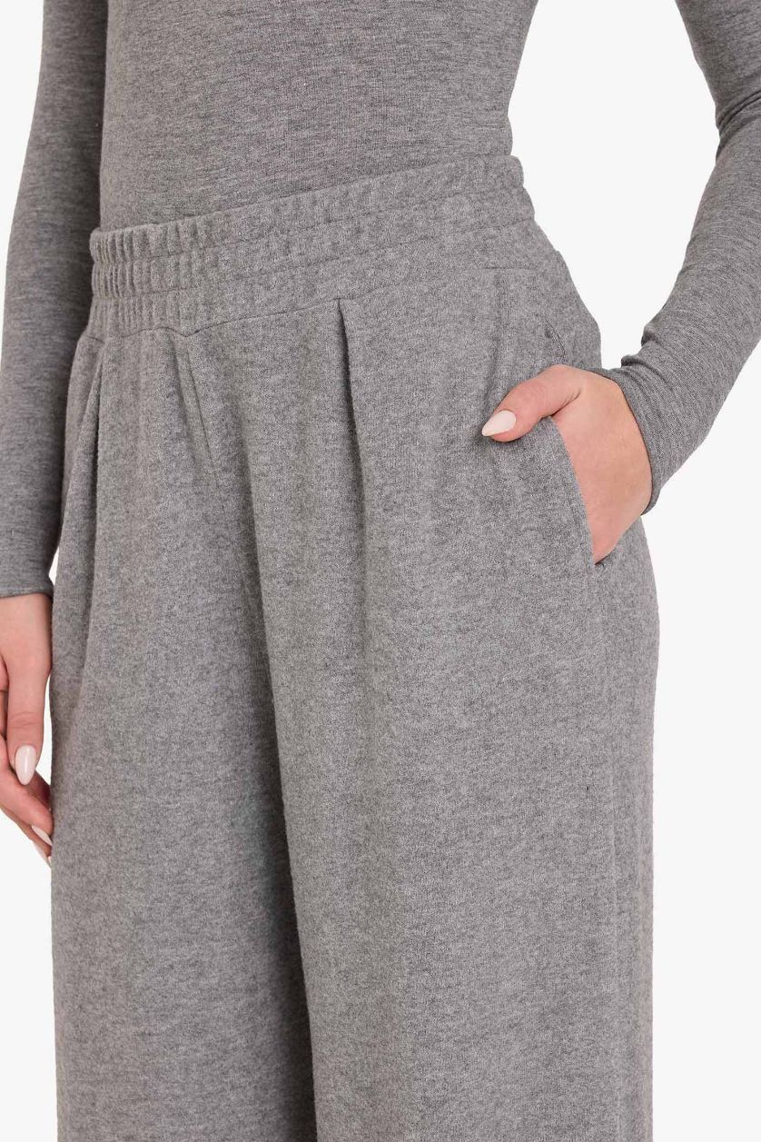 Kadın Gri Melanj Wide Leg Yumuşak Tuşeli Pantolon