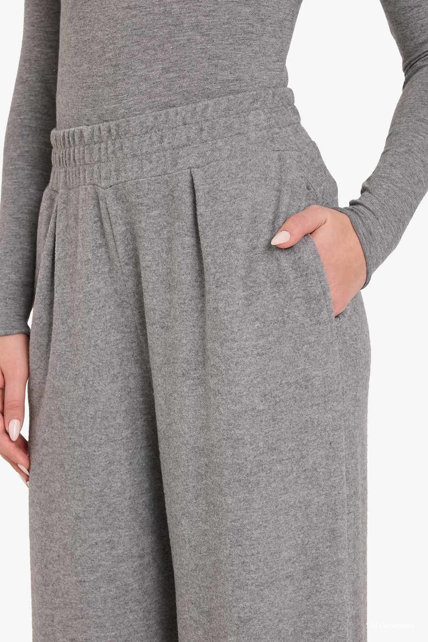 Kadın Gri Melanj Wide Leg Yumuşak Tuşeli Pantolon