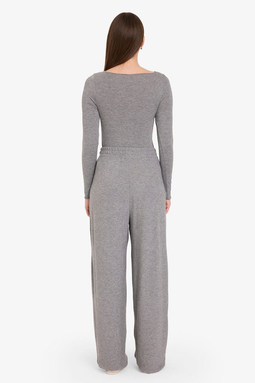 Kadın Gri Melanj Wide Leg Yumuşak Tuşeli Pantolon