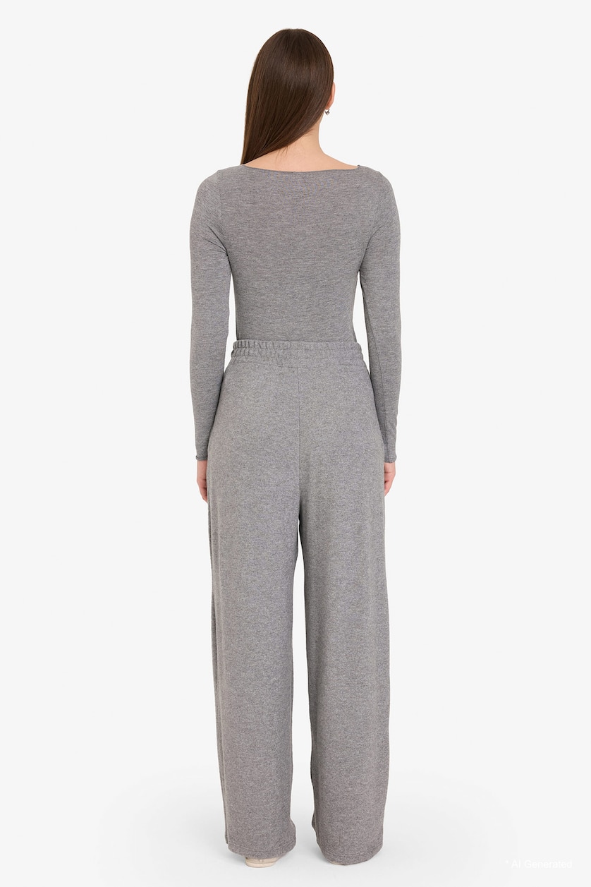 Kadın Gri Melanj Wide Leg Yumuşak Tuşeli Pantolon