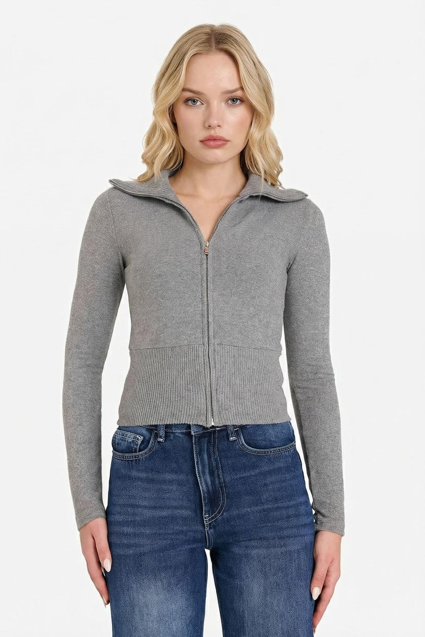 نساء ميلانج رمادي جاكيت رياضي مخصر بياخة عالية