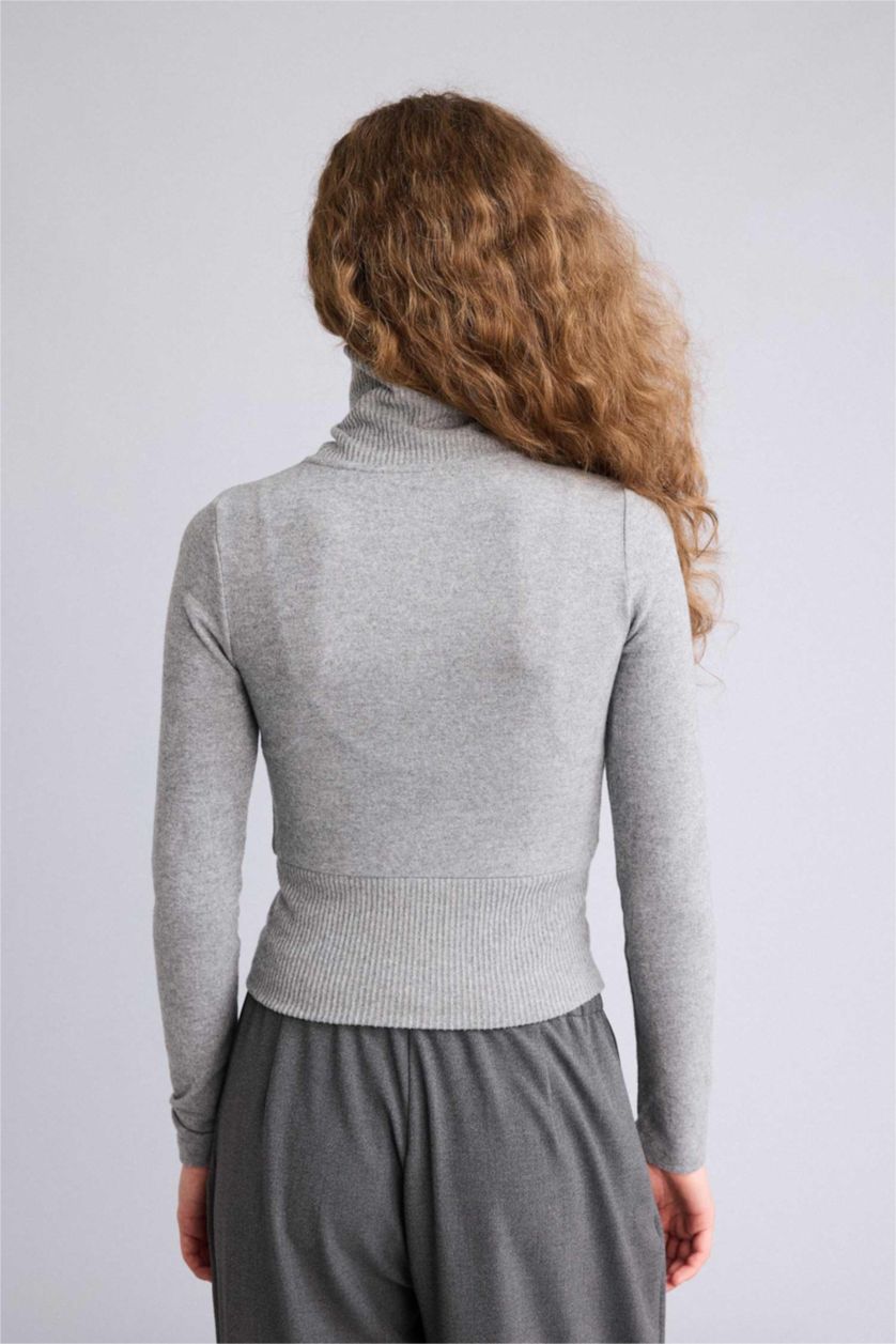 Kadın Gri Melanj Fıtted Yarım Balıkçı Yaka Hırka
