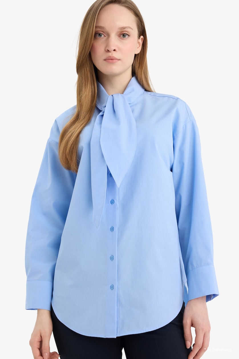 Women Blue 100% Cotton Regular Fit Poplin Long Sleeve Tunic