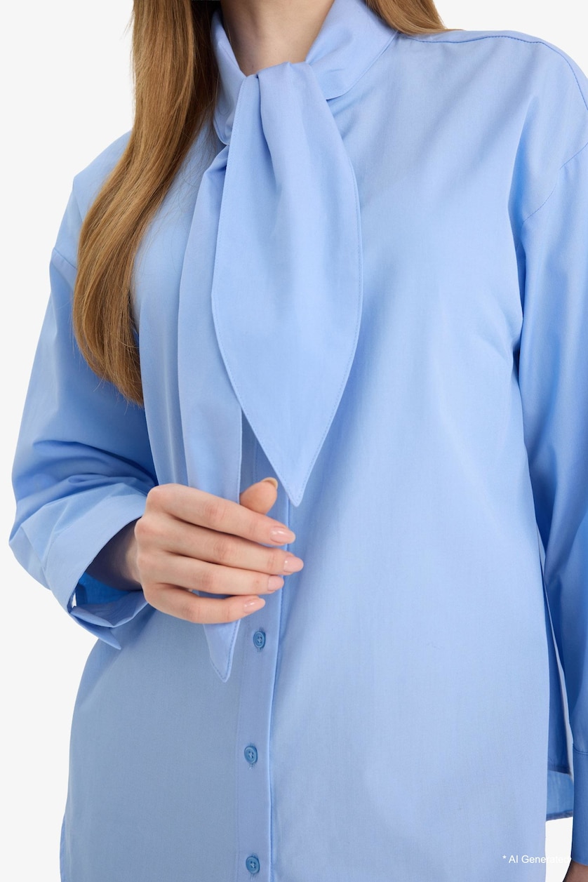 Women Blue 100% Cotton Regular Fit Poplin Long Sleeve Tunic
