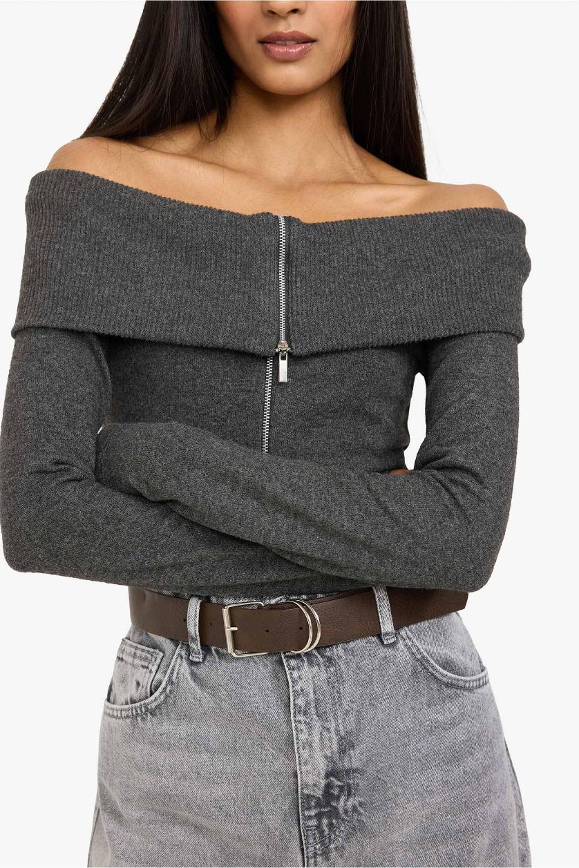 Kadın Antrasit Fıtted Omzu Açık Hırka