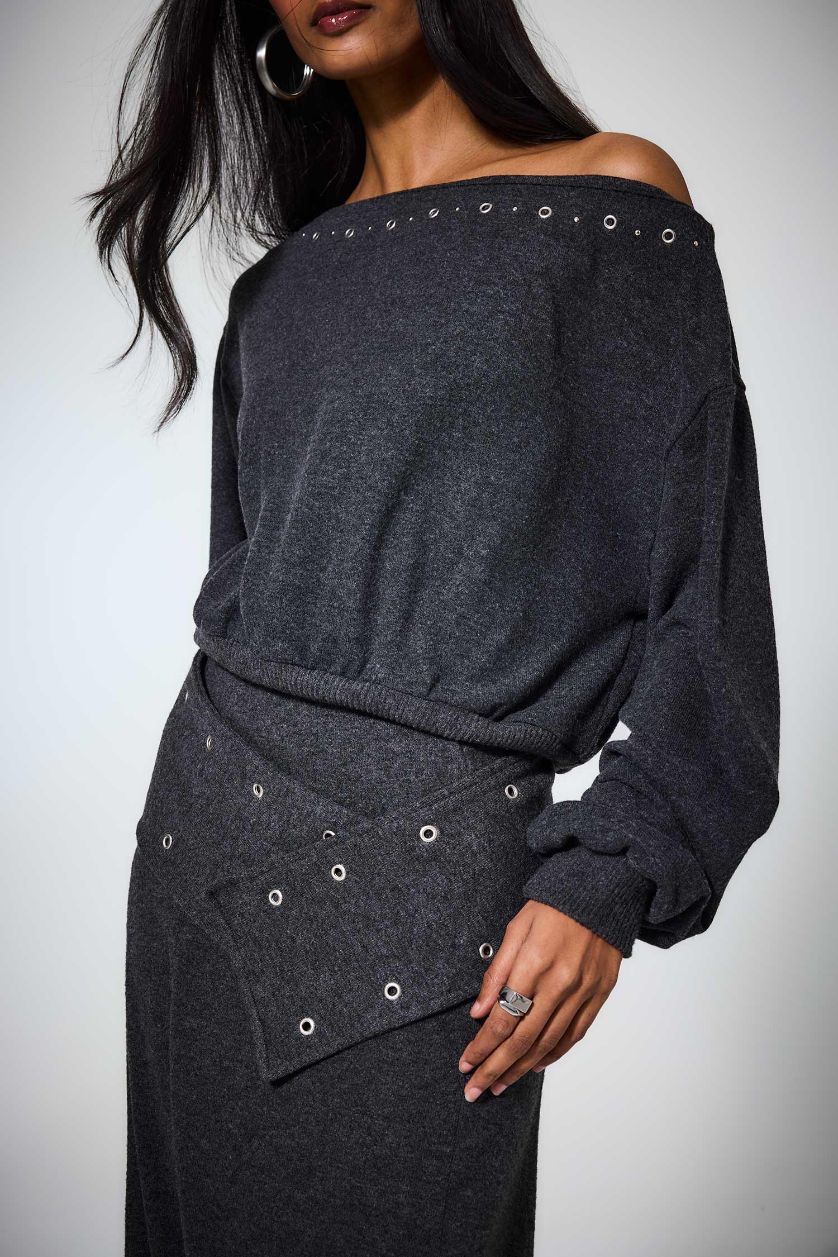 Woman Anthracite Loose Fit Off Shoulder Long Sleeve T-Shirt