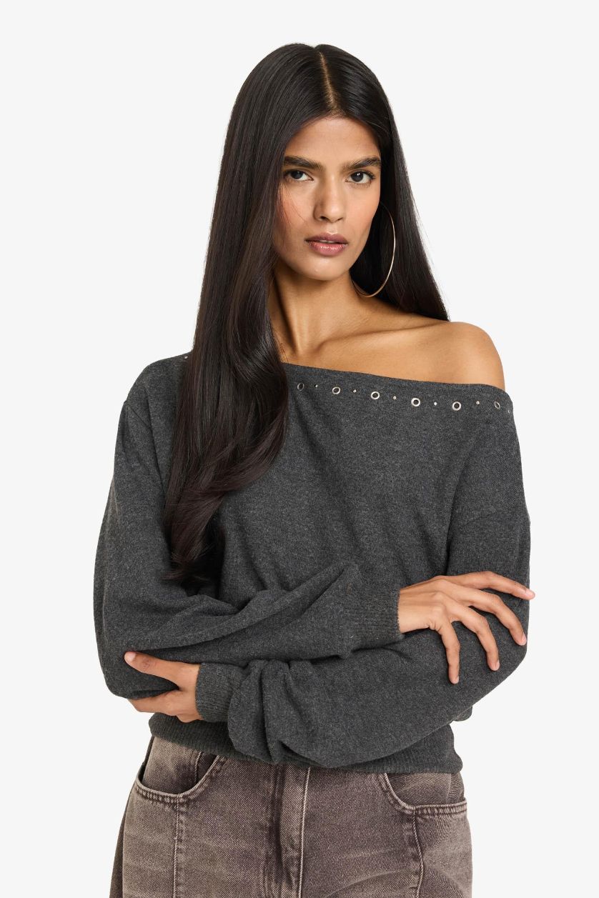 Woman Anthracite Loose Fit Off Shoulder Long Sleeve T-Shirt