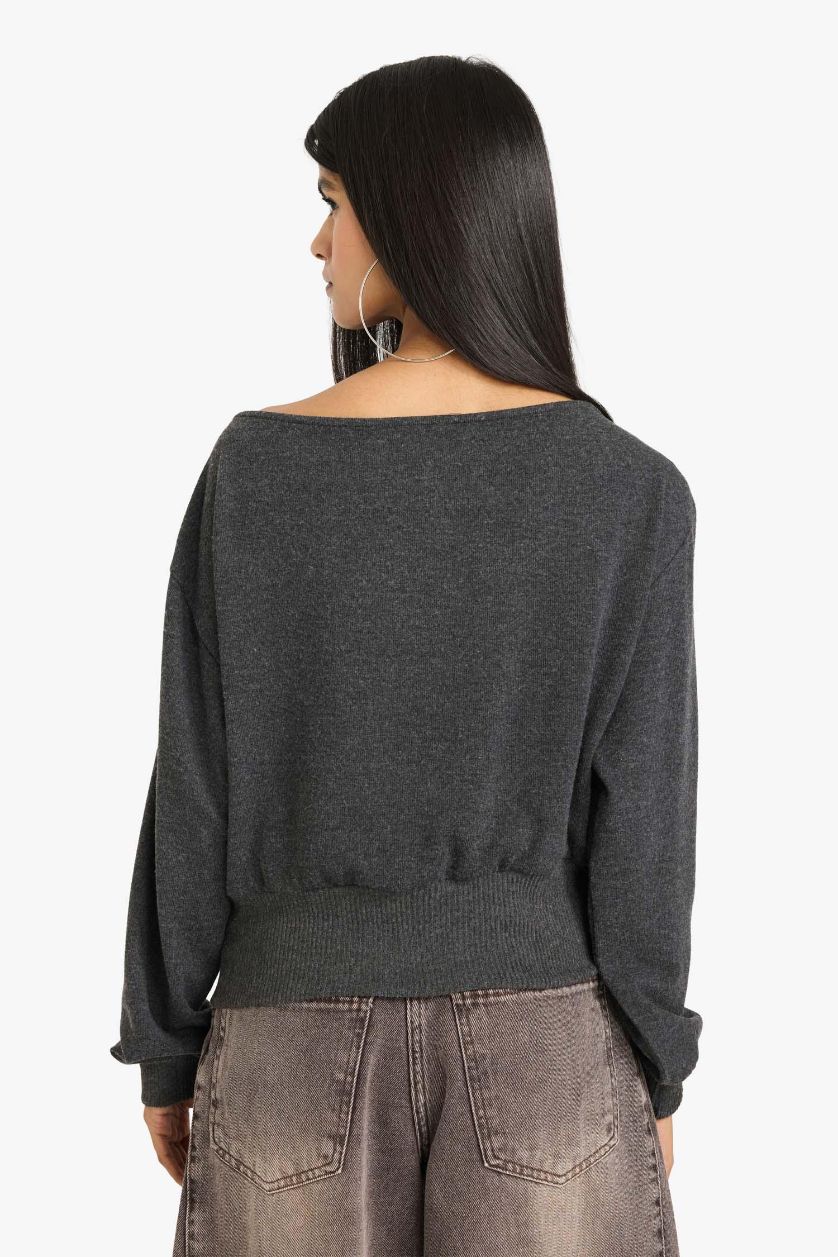 Woman Anthracite Loose Fit Off Shoulder Long Sleeve T-Shirt