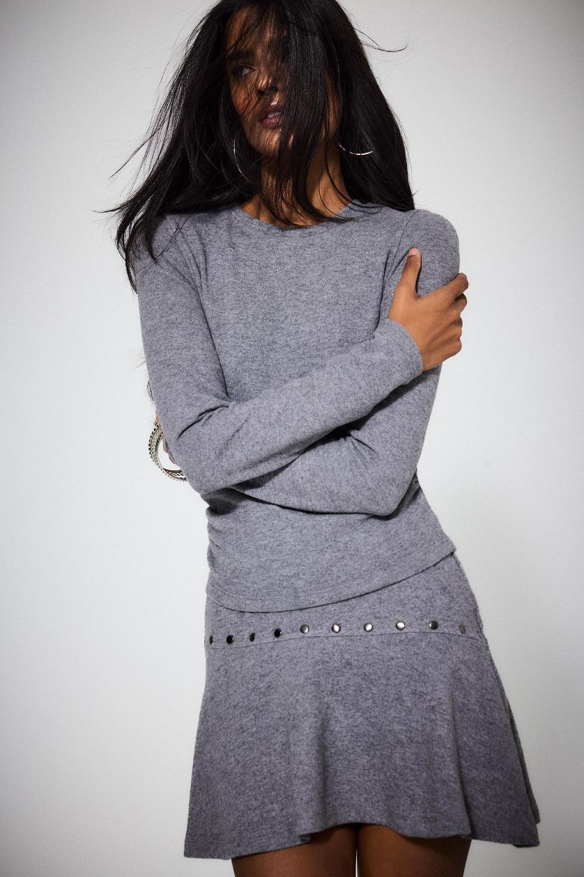 Woman Grey Melange Fitted Crew Neck Long Sleeve T-Shirt