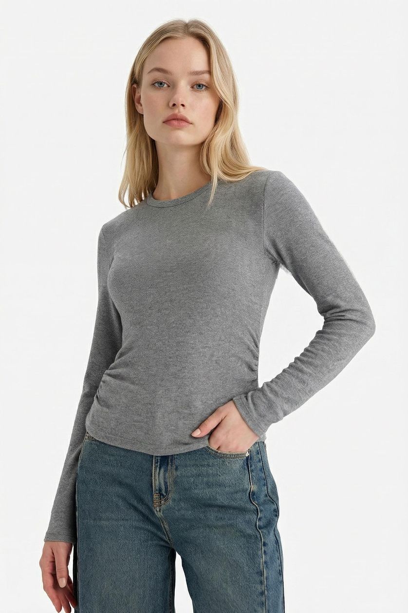 Woman Grey Melange Fitted Crew Neck Long Sleeve T-Shirt