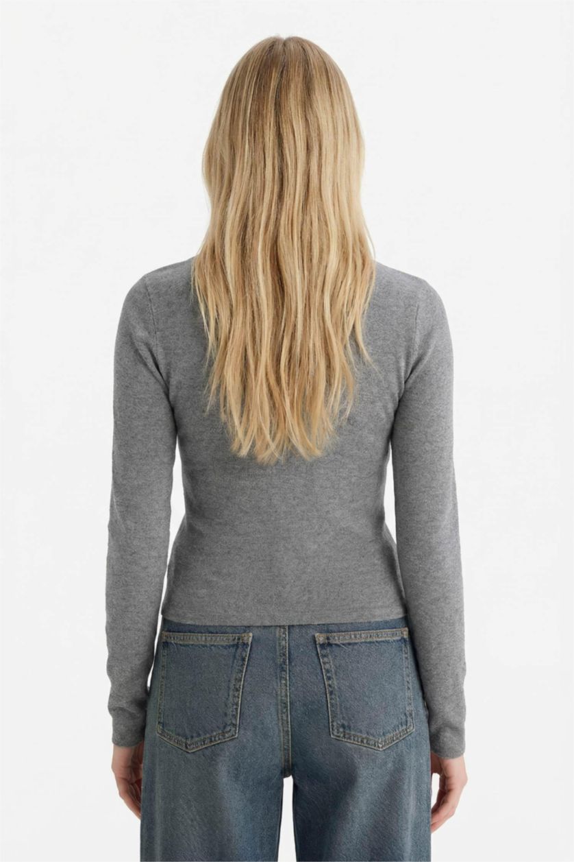 Woman Grey Melange Fitted Crew Neck Long Sleeve T-Shirt