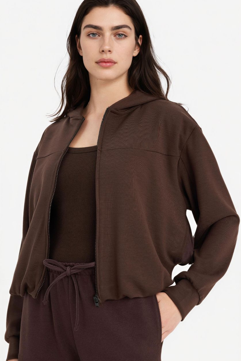 Woman Brown Standard Fit Hooded modal Cardigan