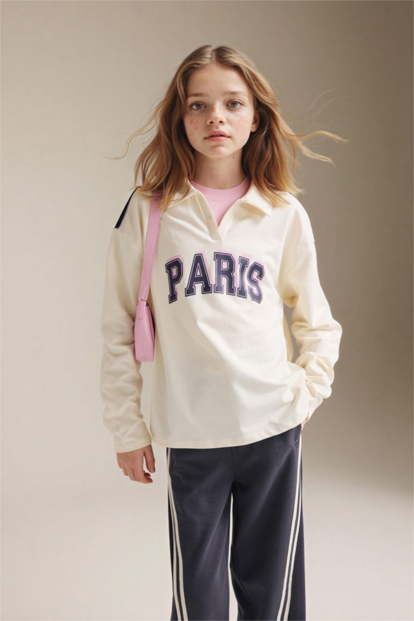 GIRLS & TEENS Ecru Girl Puff Print Long Sleeve Polo T-Shirt