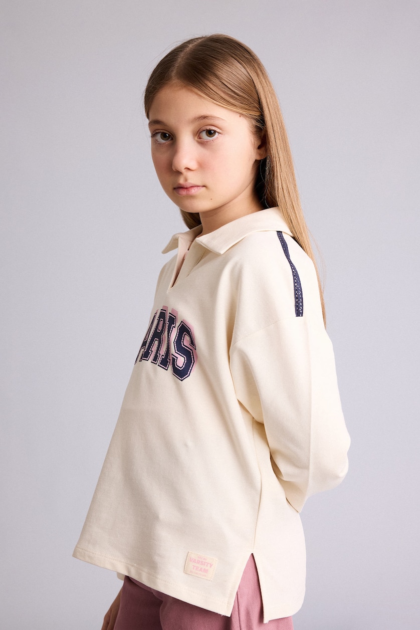 FILLES Écru Sweatshirt imprimé à col polo et manches longues pour fille