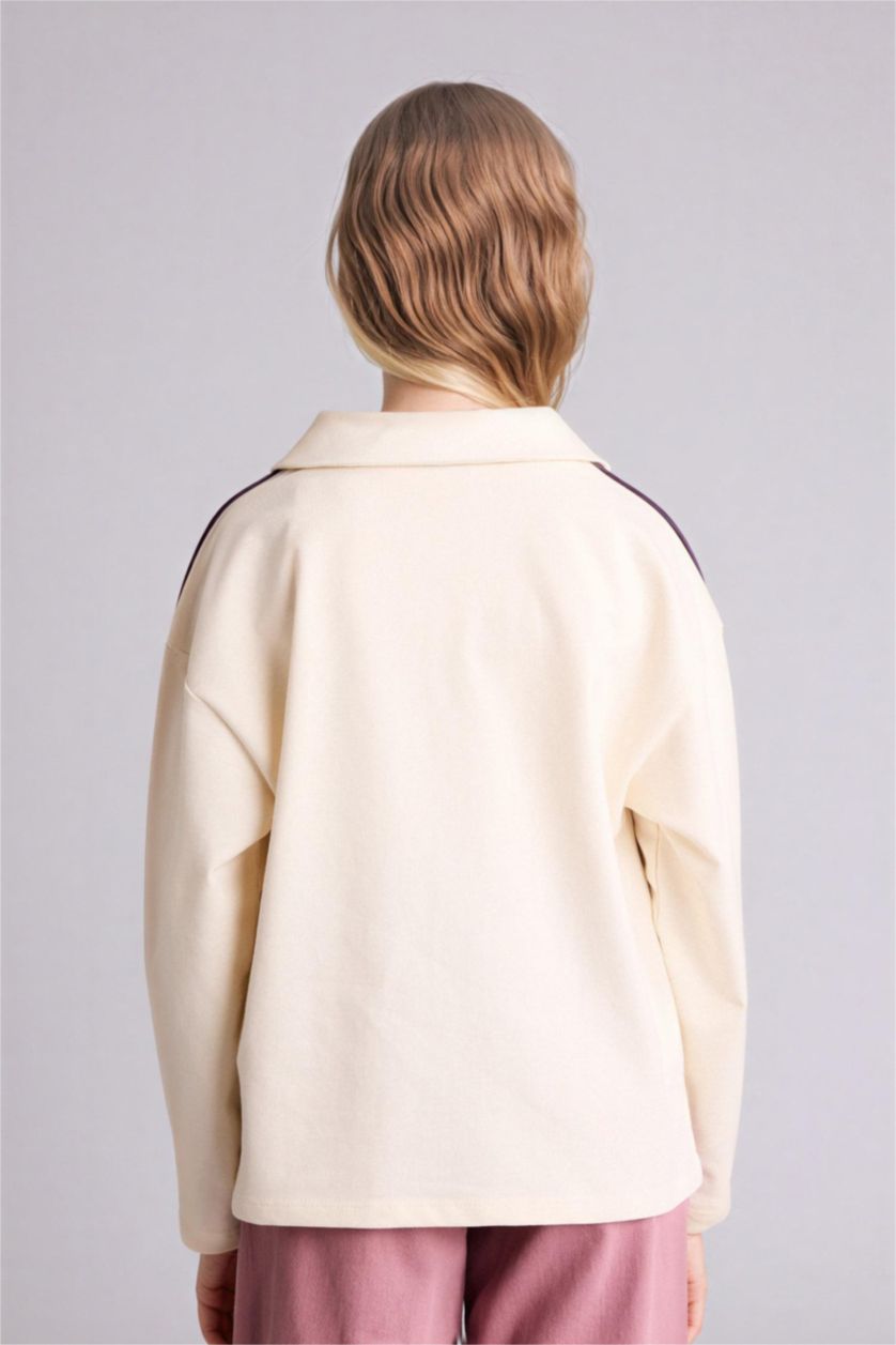 GIRLS & TEENS Ecru Girl Puff Print Long Sleeve Polo T-Shirt