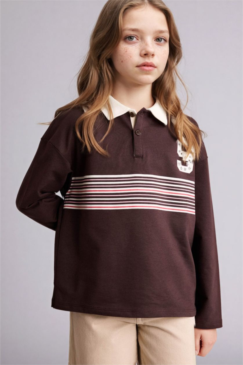 بنات بني تيشيرت بولو بناتي نص ردن قماش رقيق بطبعة شعار