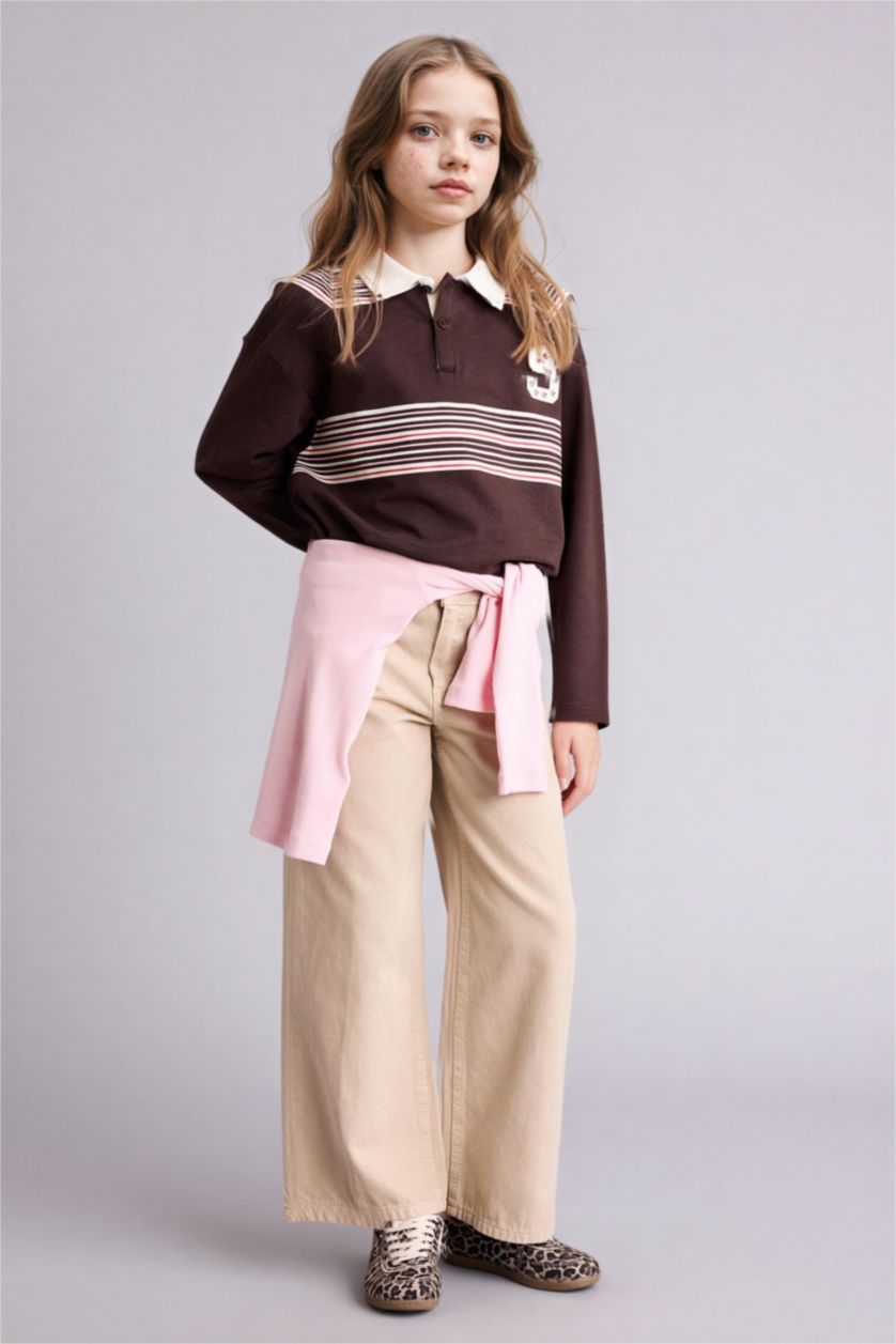 بنات بني تيشيرت بولو بناتي نص ردن قماش رقيق بطبعة شعار