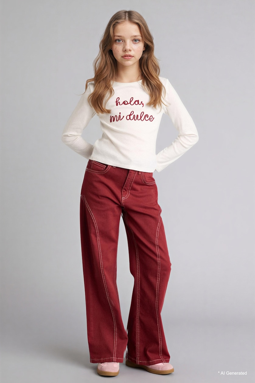 بنات بيج فاتح Girl 100% Cotton Printed Ribbed T-Shirt