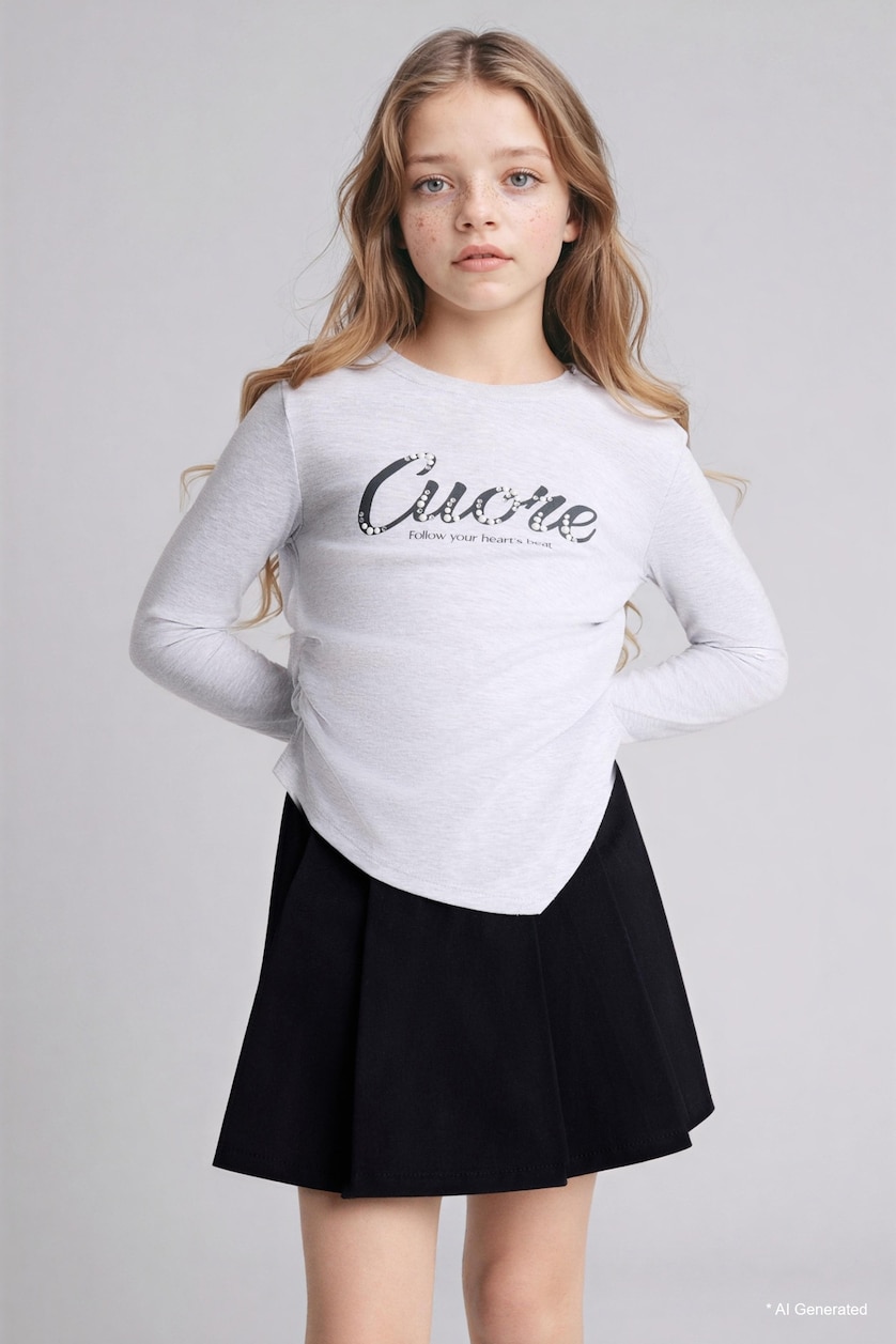 بنات ميلانج رمادي فاتح Girl Crew Neck Slogan Print Ribbed T-Shirt