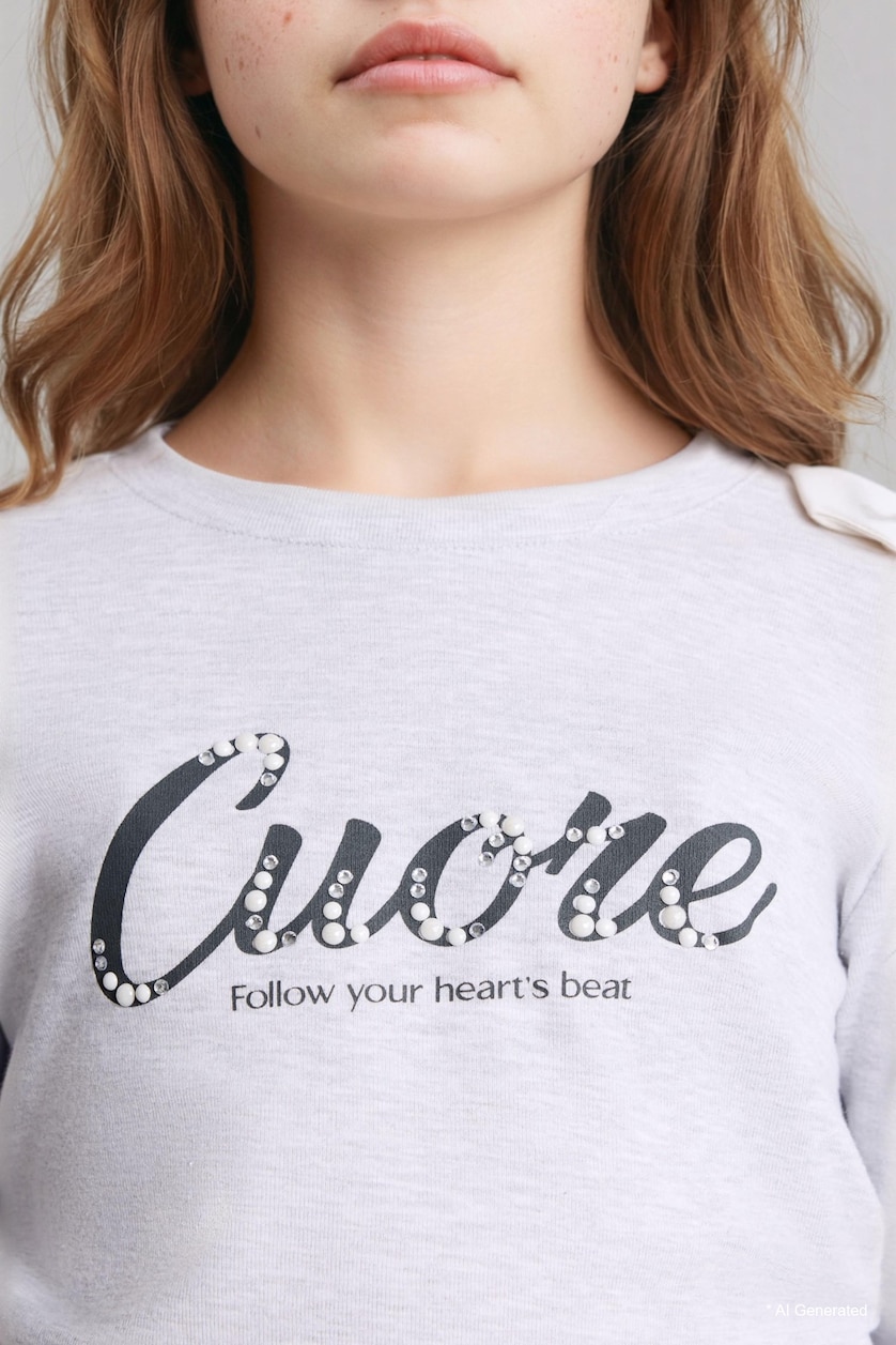 بنات ميلانج رمادي فاتح Girl Crew Neck Slogan Print Ribbed T-Shirt