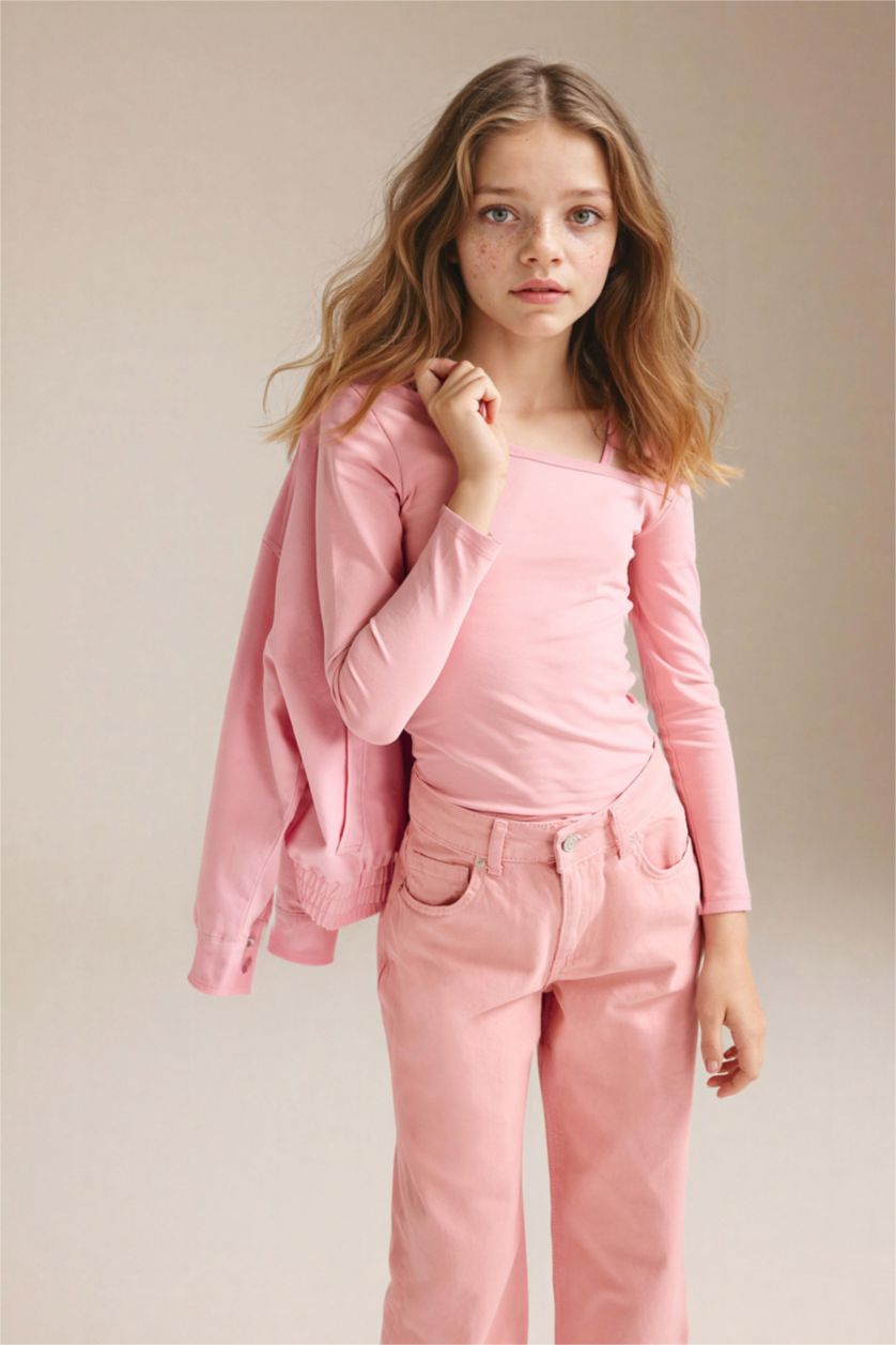 بناتي وردي بلوزة بناتي كم طويل ممشط بياقة عريضة