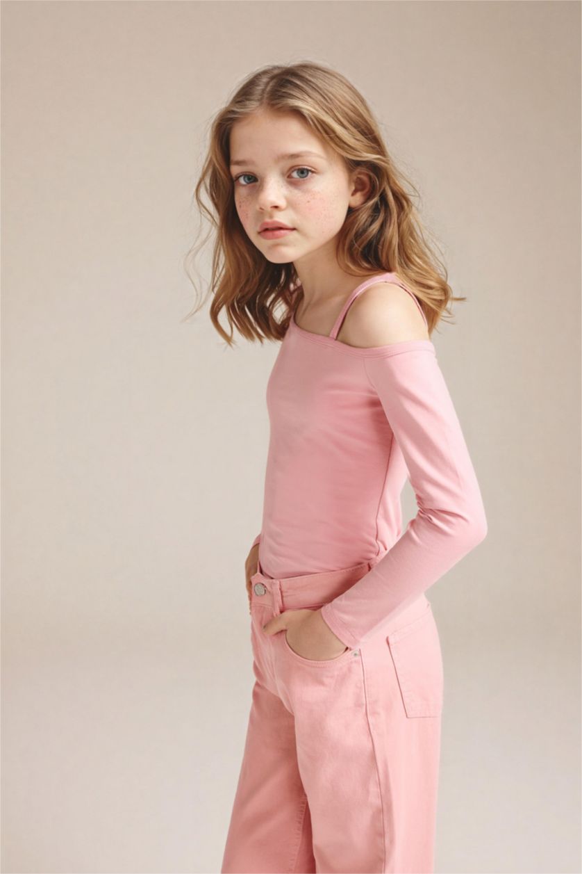 بناتي وردي بلوزة بناتي كم طويل ممشط بياقة عريضة