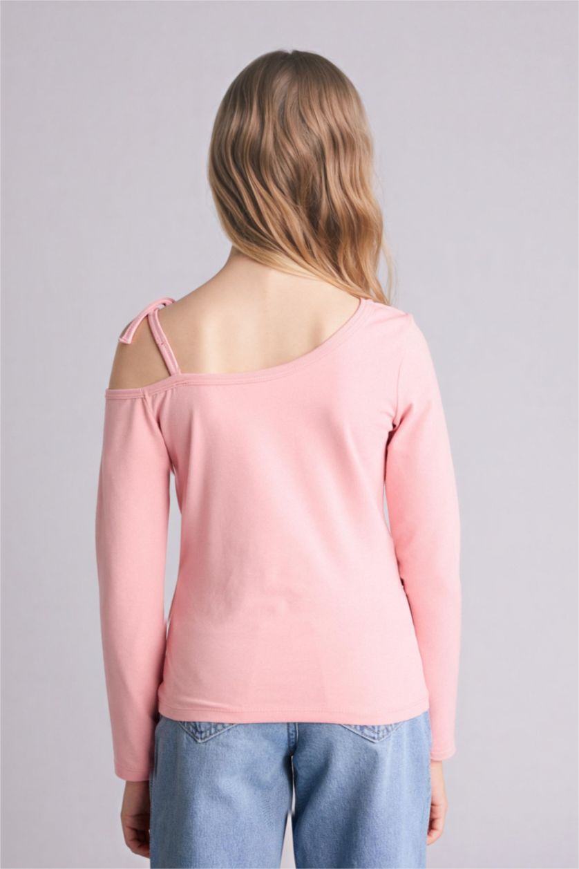 Kız Çocuk - Genç Kız Gülkurusu Kayık Yaka Penye Tişört Kız Çocuk